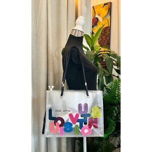 Clear Tote Bag With White Drawstring Pouch & Colorful Lettering Design